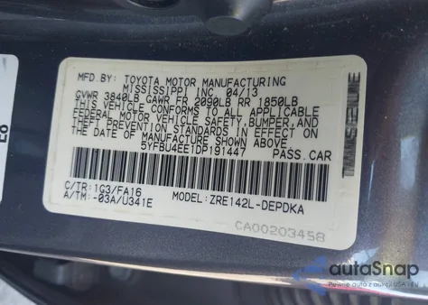 2013 Toyota Corolla L z USA, uszkodzony, nr VIN 5YFBU4EE1DP191447